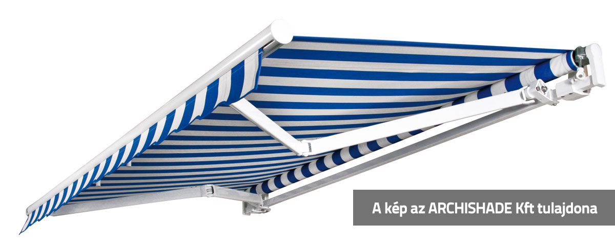 Nyitott, könyökkaros napellenző szerkezet, drapériával