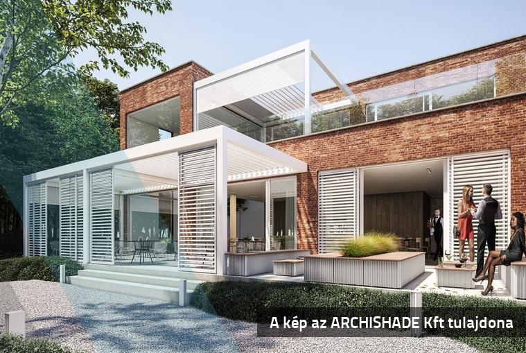 Bioklimatikus pergolák loggia tolópanelekkel és dizájn homlokzatburkolattal ellátott, egyedi kültéri elemekkel