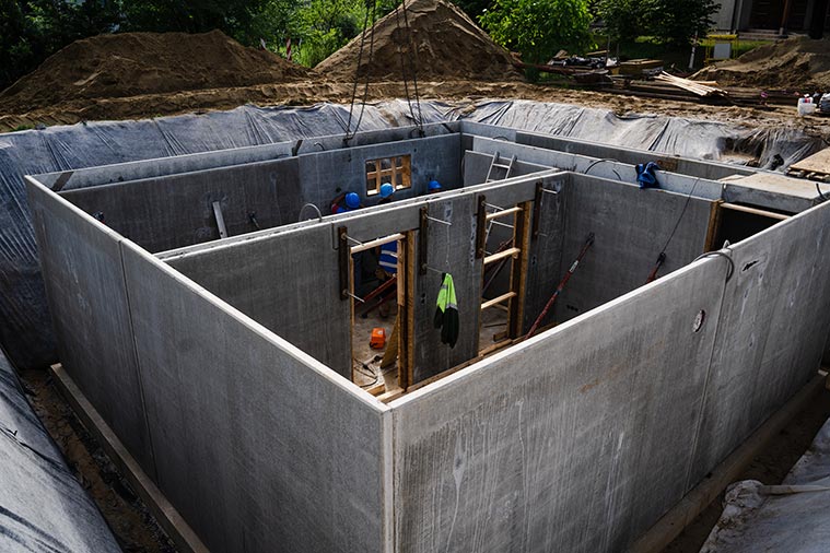 Beépített Leier betonfal gépészeti bekötéshez szükséges áttörésekkel
