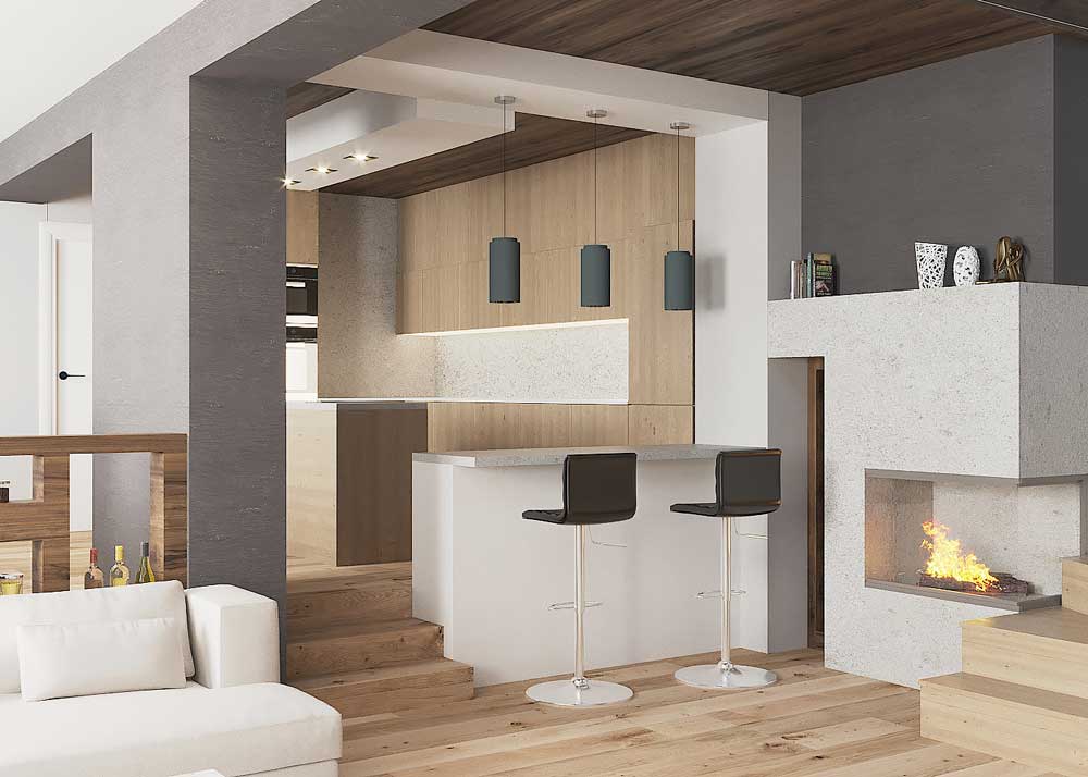 A szigorú geometrikus formákat a meleg színvilág és a kandalló látványa “puhítja”