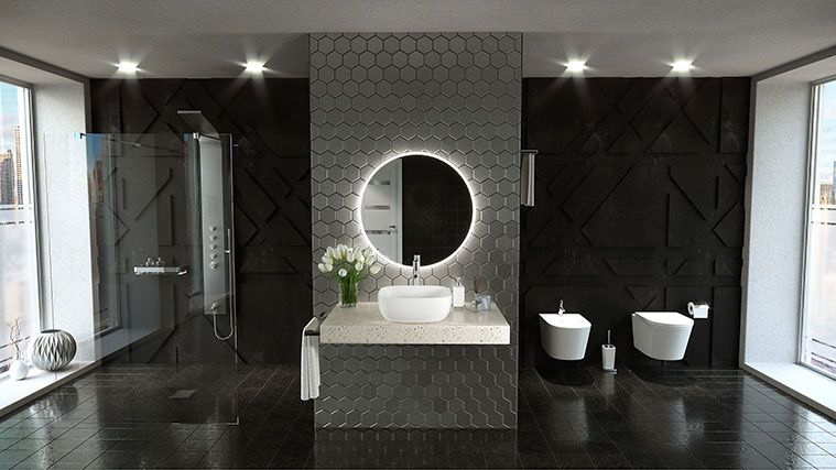 Wellis ívelt walk-in zuhanyfülke középre épített design zuhanyfolyókával és látványos zuhanypanellel