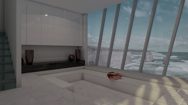 Különleges nyaraló Ausztráliában (forrás: modscape.com.au) A Cliff House nappalija